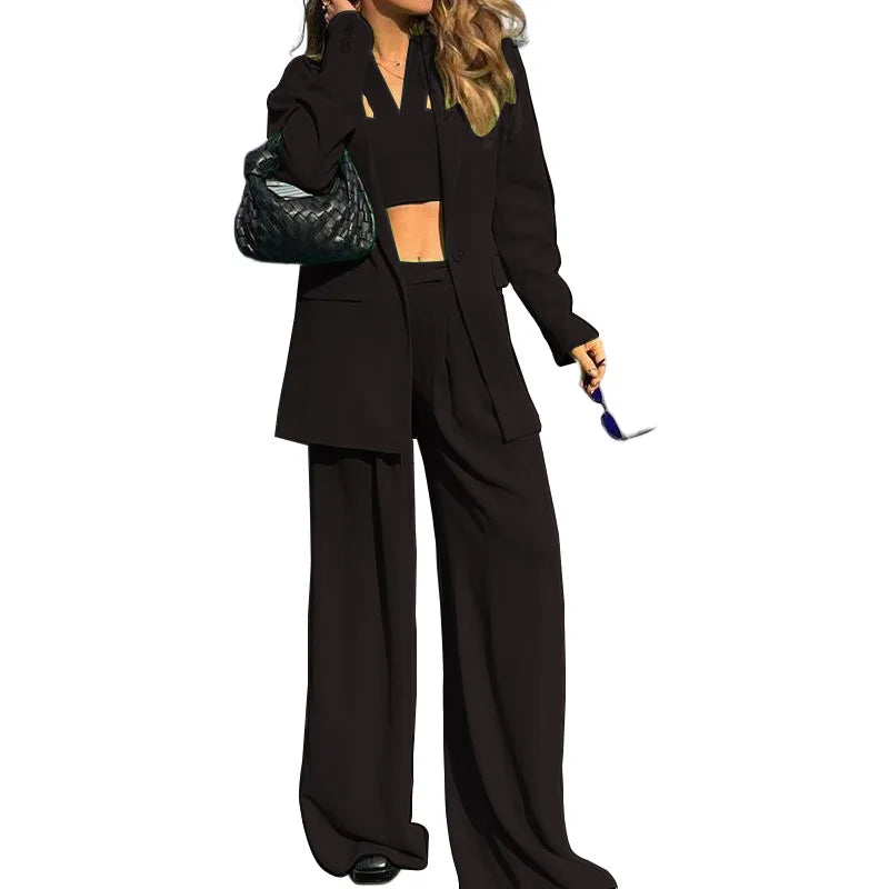 Women Tracksuit Three Pieces Set Turn Down Collar Cardigan Single Button Solid Outerwear Pockets Wide Leg Pants Office Lady Aviola