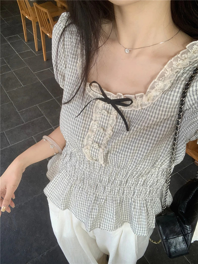 MEXZT Vintage Plaid Shirts Women Japanese Harajuku Bow Lace Patchwork Blouses Summer Kawaii Cute Puff Short Sleeve Casual Tops Aviola