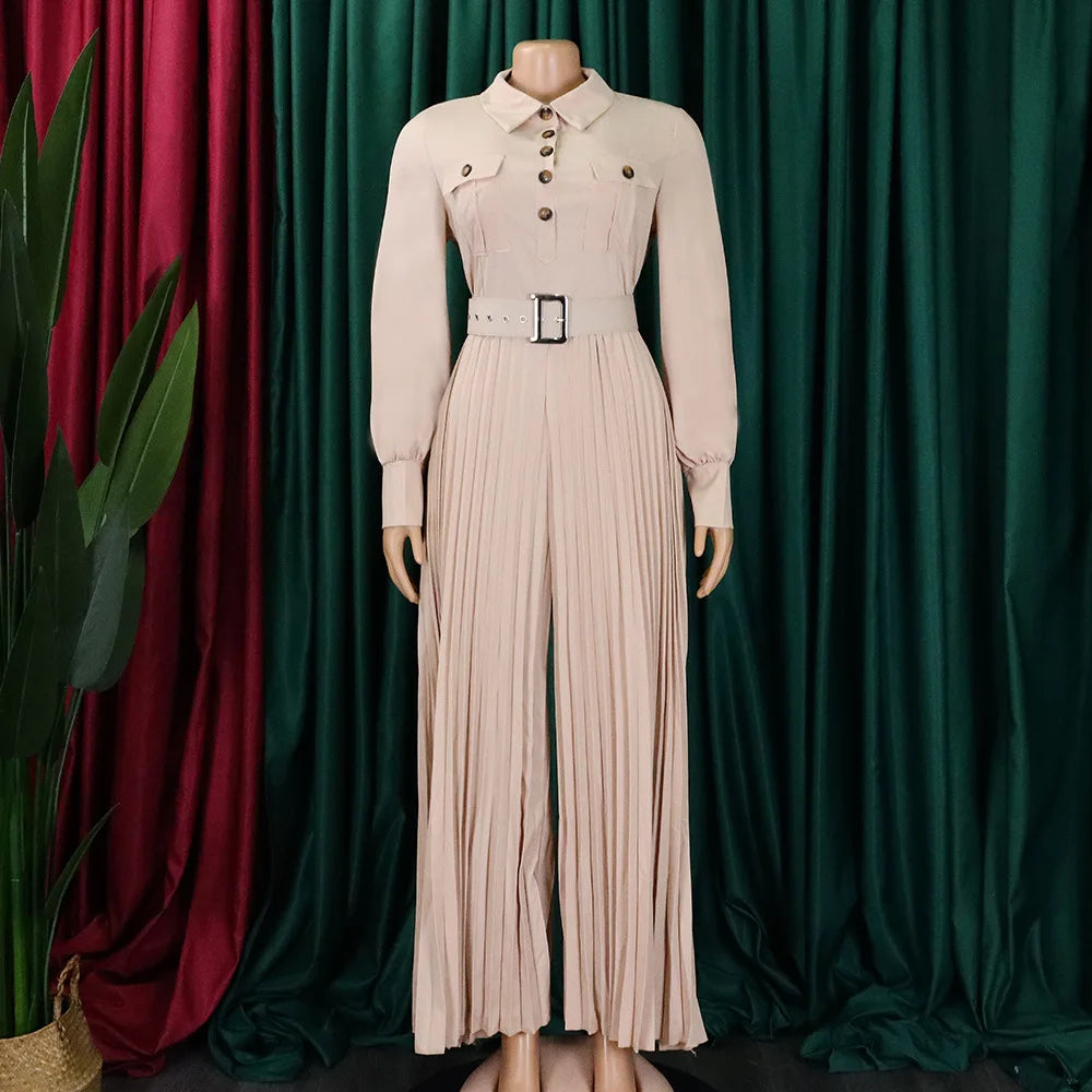 pleated Jumpsuits Women Single Breasted Long Sleeve Rompers Overalls Wide Leg Pants Spliced Sashes Slim Fit One Piece Button Aviola