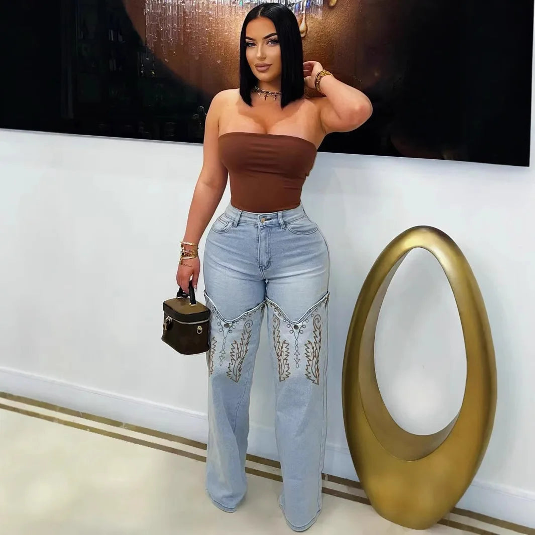 Denim Pant Women Jeans Wide Leg Long Pants High Waist Straight Trousers Y2k Streetwear Embroidery Splice Mom Jeans Party Club Aviola