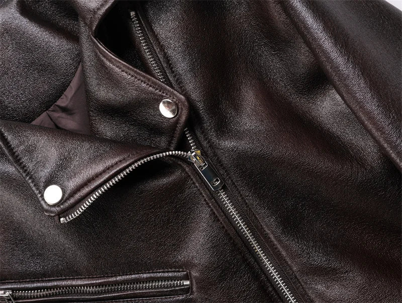 Dark brown Coal graysty le Women's washed leather jacket with belt, short coat with downgraded zipper and vintage lapel jacket Aviola