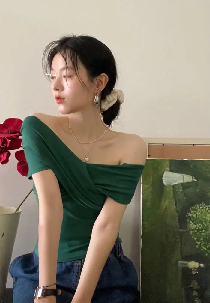 MEXZT Vintage Slash Neck T Shirts Women Streetwear Sexy Cross White Crop Tops Summer Korean Elegant Short Sleeve Design Tees New Aviola