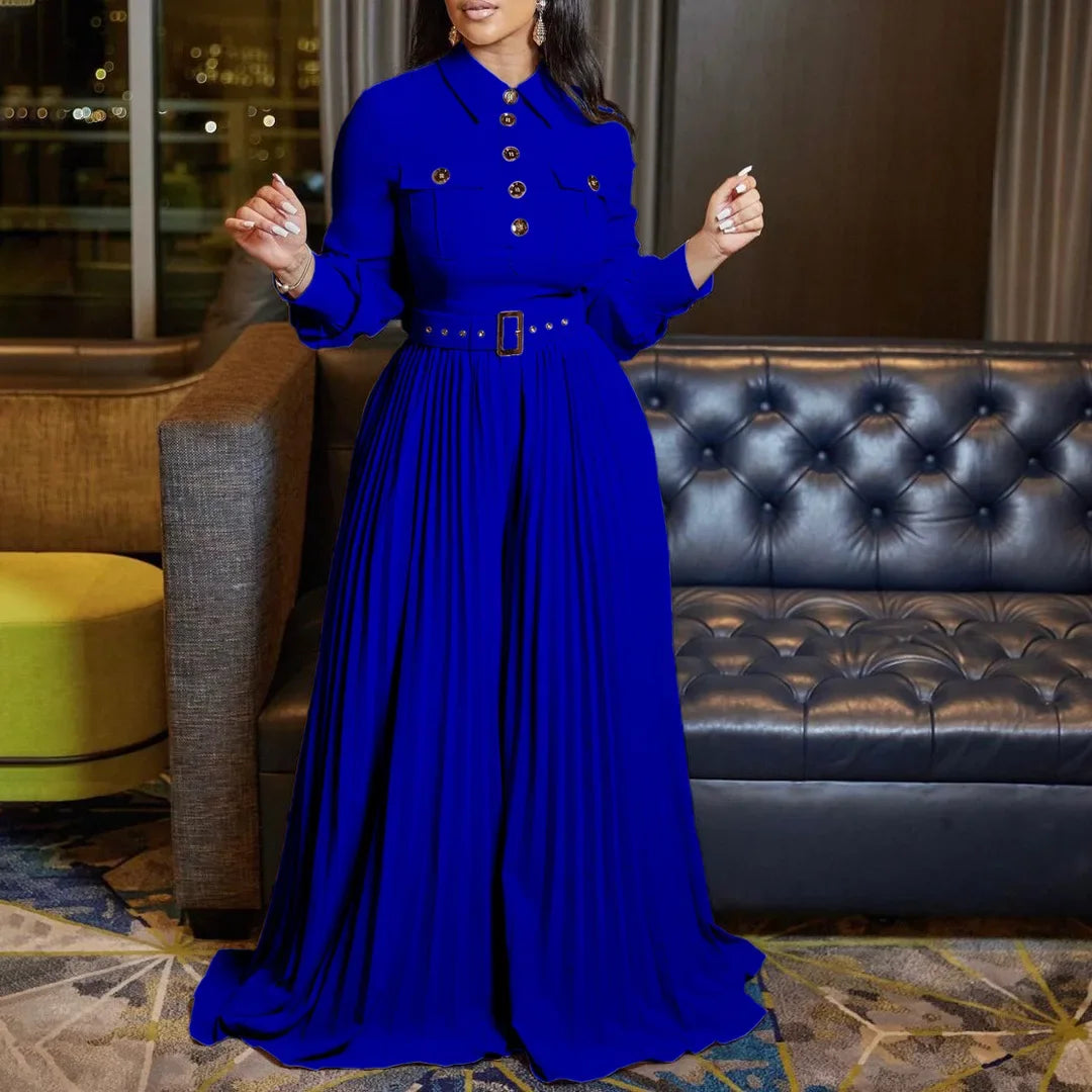 pleated Jumpsuits Women Single Breasted Long Sleeve Rompers Overalls Wide Leg Pants Spliced Sashes Slim Fit One Piece Button Aviola