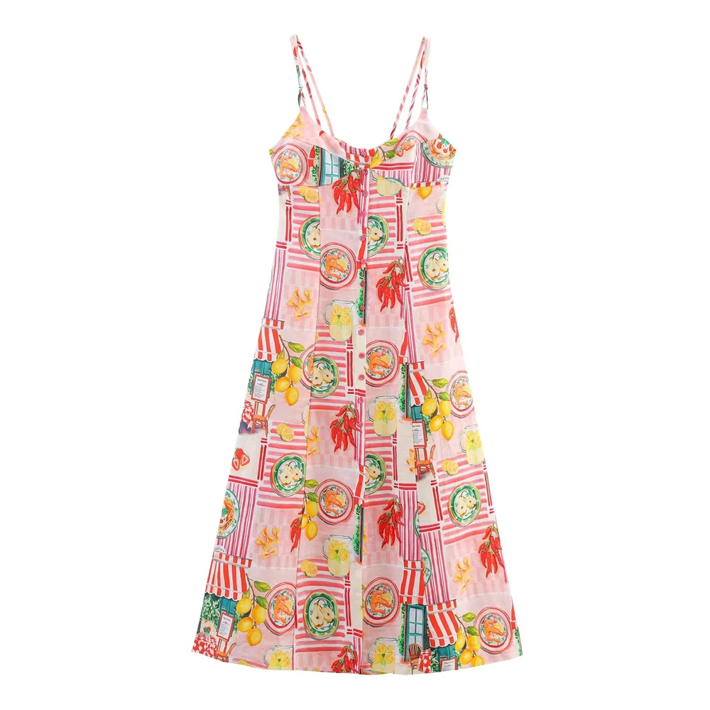 BM&MD&ZA2025Backless Fashion Printed Patchwork Suspender Dress Seaside Holiday Style Long Dress Summer Women's Wear Aviola
