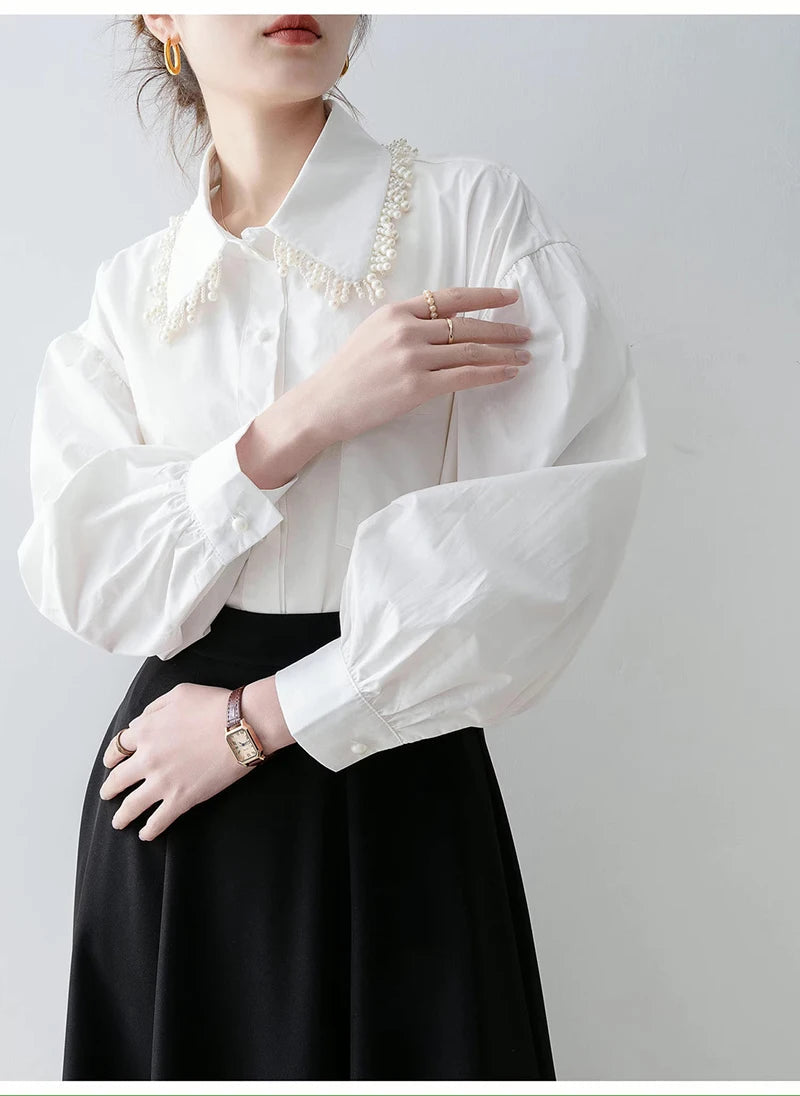 MEXZT Elegant White Shirts Women Fashion Beading Patchwork Blouses Office Ladies Korean Long Sleeve Pocket Design Casual Tops Aviola