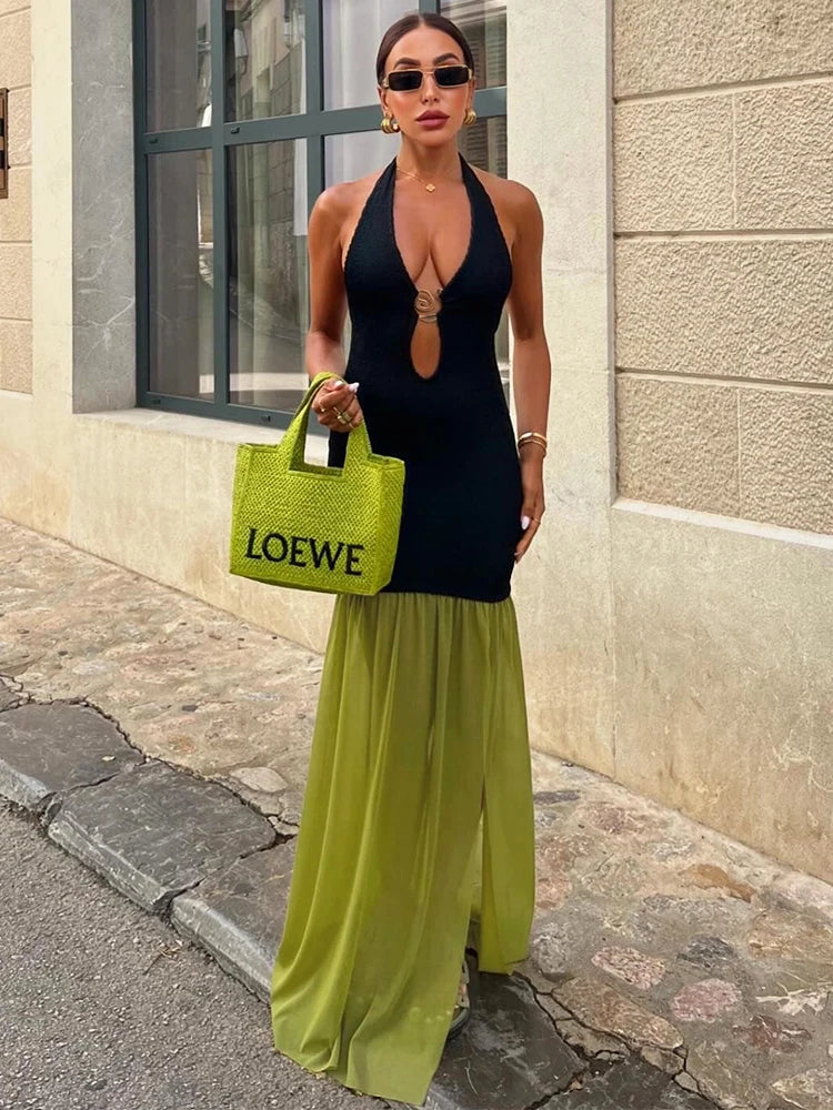 Nibber Patchwork Color-Blocking Women Dress Temperament Metal Trim Sleeveless Hollow Skinny Backless Splits Holiday Vestidos Aviola