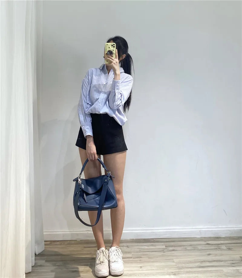 RARF Women Autumn Single Breasted Blouses Vintage Lapel Collar Long Sleeve Office Lady Female Shirt Chic Pocket Top Blusas Aviola