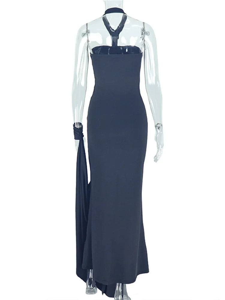 Nibber Elegant Halter Maxi Dress Women Backless Skinny Solid Hand Strap Hem Summer Trend Sexy Vacation Birthday Party Vestidos Aviola