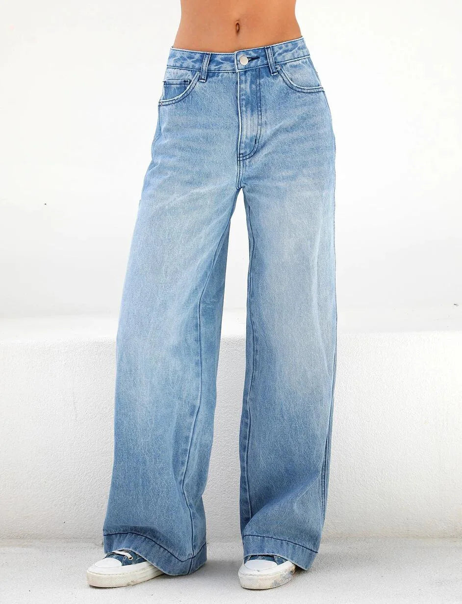 Women Jeans Wide Leg Pants Denim Pockets Streetwear Loose High Waist Full Length Washing Zipper Fly Flat Solid Color 2024 Aviola