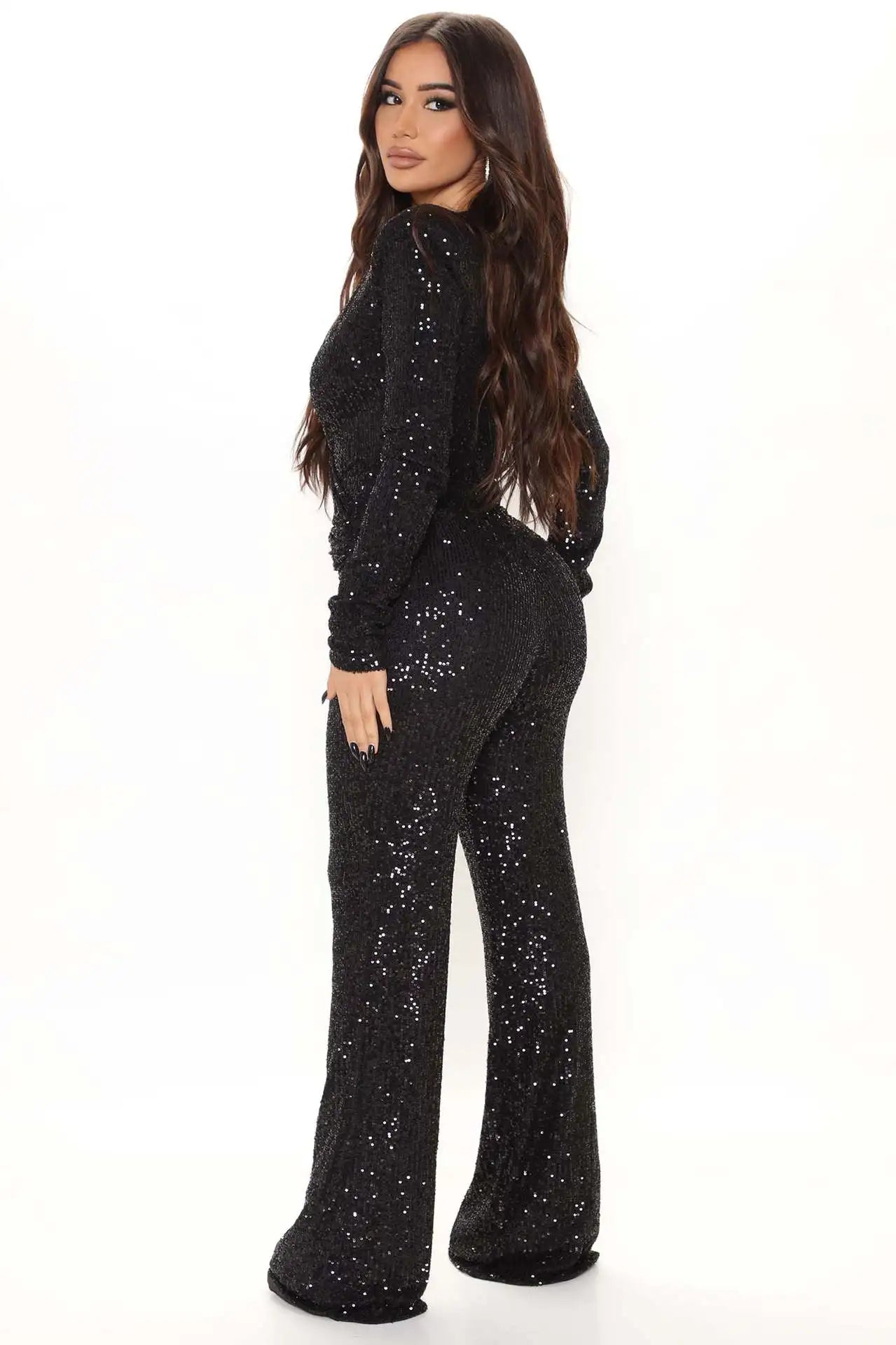 Women Jumpsuits V Neck Rompers Overalls One Piece Formal High Waist Pullover Sexy Sequins Solid Full Length Spring 2024 Aviola