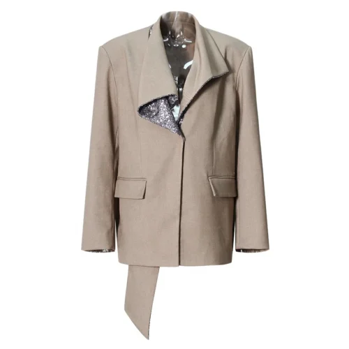 Women&rsquo;s Sequin Shawl Ribbon Blazer &ndash; Taupe