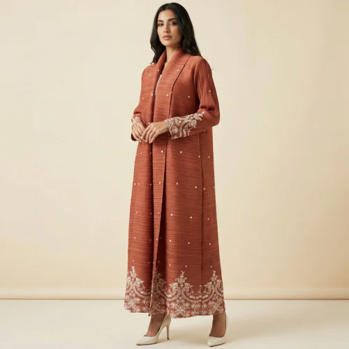 Terracotta Beaded Pleated Open Abaya