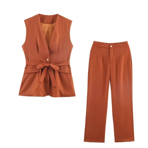 Belted Rust V-Neck Vest Trouser Set