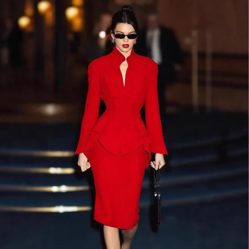 Petal-Peplum Stand-Collar Red Skirt Suit Set