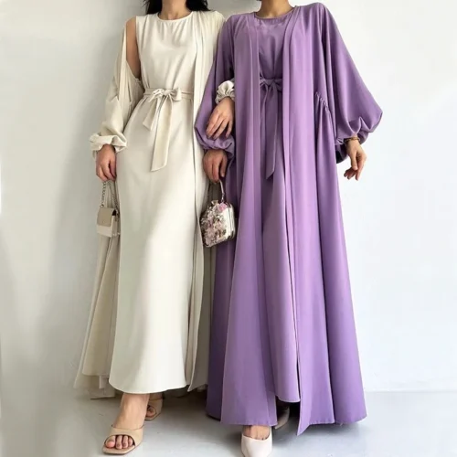Two Piece Belted Open Abaya Set