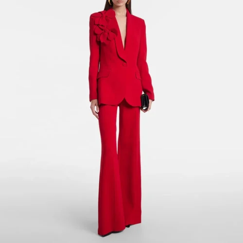 3D Floral Ruffle Single-Button Red Pantsuit Set