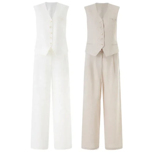 Button-Front V-Neck Vest & Wide-Leg Trouser Set