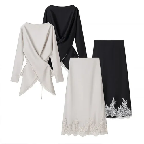 Draped O-Neck Top and Lace-Trim Skirt Two-Piece Set