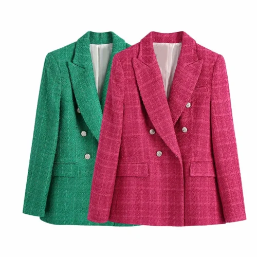 Retro Textured Double-Breasted Notched-Collar Long-Sleeve Slim Blazer Jacket