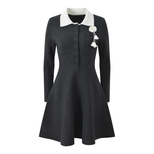 Contrast Lapel Crochet Floral A-Line Mini Dress
