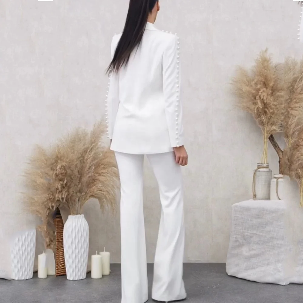 Subtle-Beaded Pleated V-Neck White Pantsuit Set - Image 2