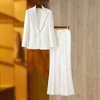 Subtle-Beaded Pleated V-Neck White Pantsuit Set - Image 7