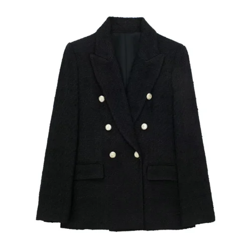 Black Textured Double Breasted Blazer