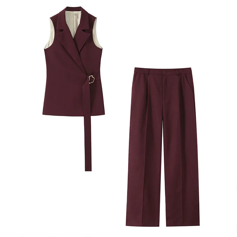 Notched-Collar Sleeveless Vest and Full-Length Trousers Two-Piece Set