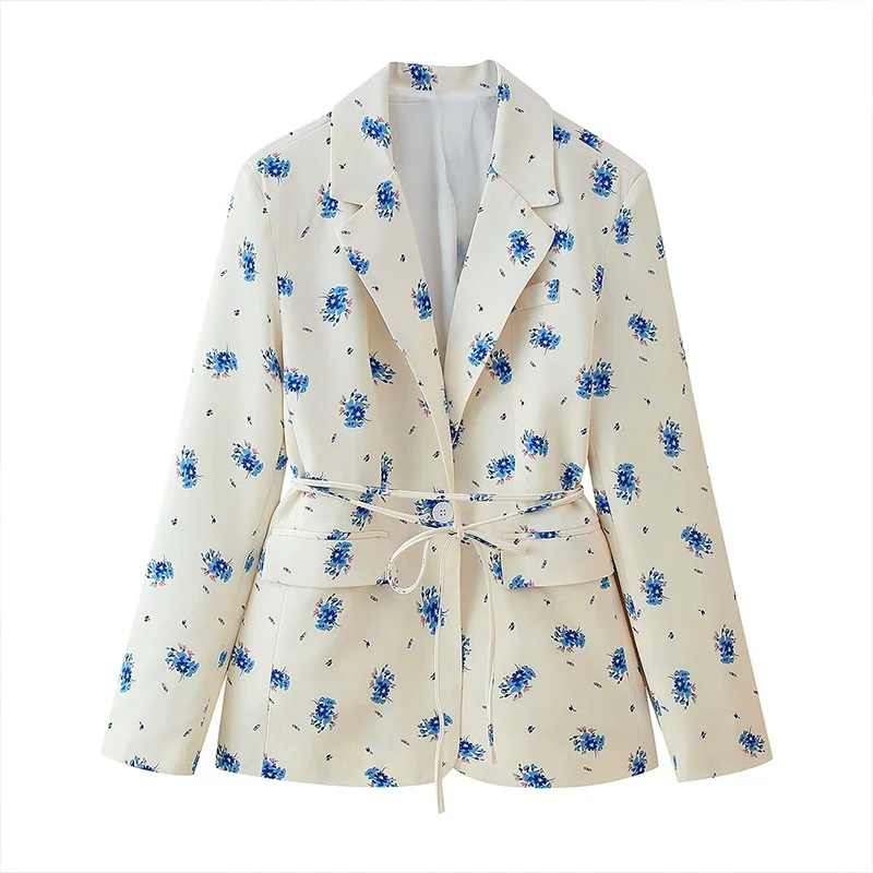 Women’s Floral Belted Blazer – Ivory & Blue - Image 2