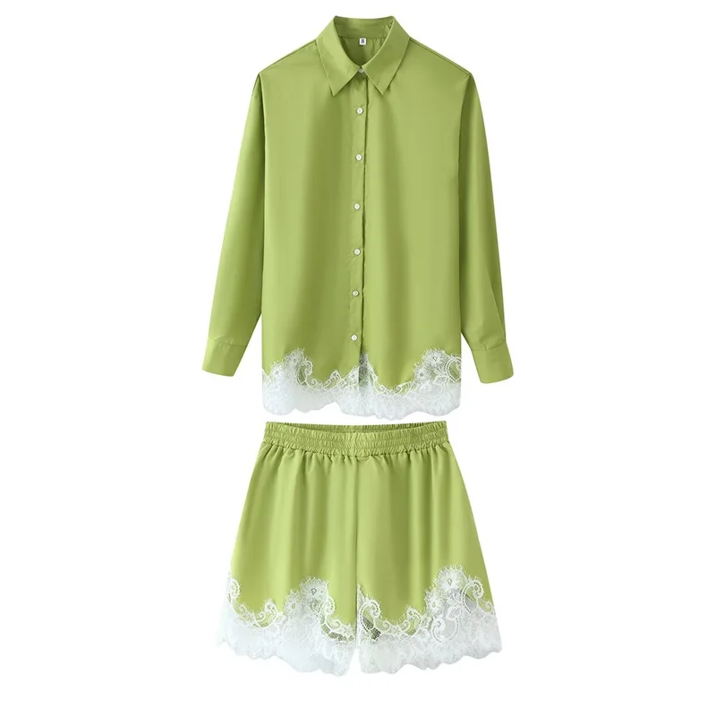 Lace Trim Turn-Down Collar Shirt and Shorts Two-Piece Set - Image 2