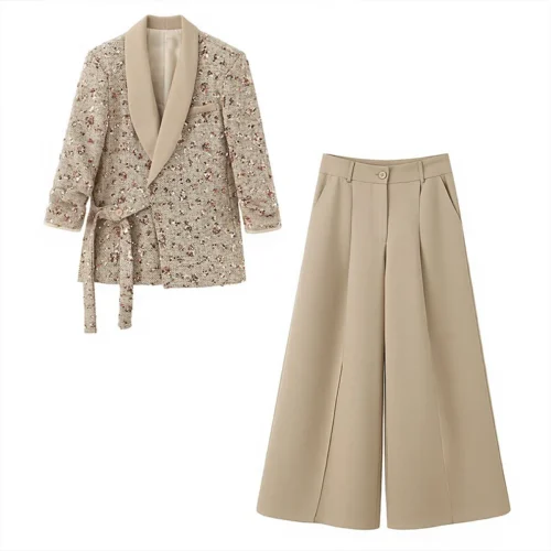 Floral Embroidered Belted Trouser Suit
