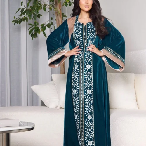 Embroidered Velvet Long Sleeve Maxi Abaya