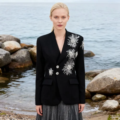 Asymmetric Sequin Beaded Single-Breasted Black Blazer