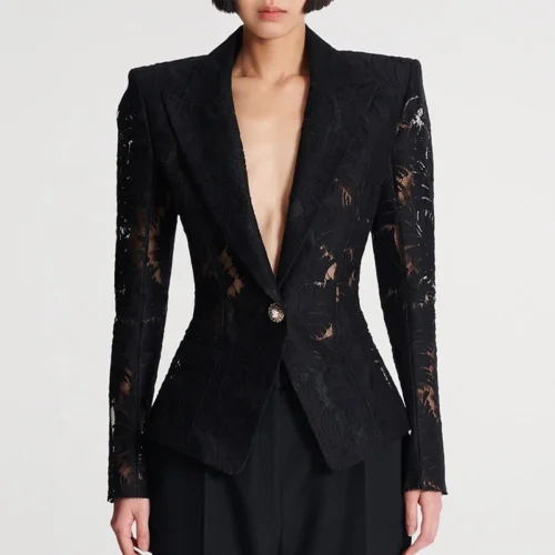 Embroidered Sheer Lace Single-Button Black Blazer
