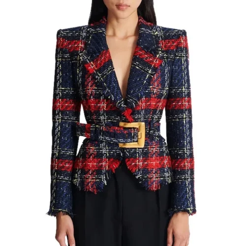 Belted Tweed Red & Navy Plaid Statement Blazer