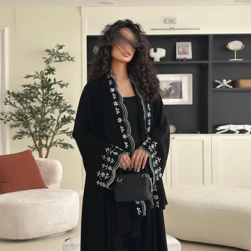 Embroidered Open Front Black Abaya