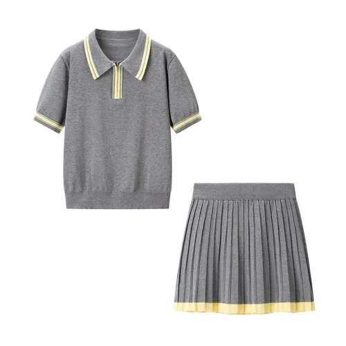 Color-Block Knitted Polo Sweater and Pleated Mini Skirt Two-Piece Set