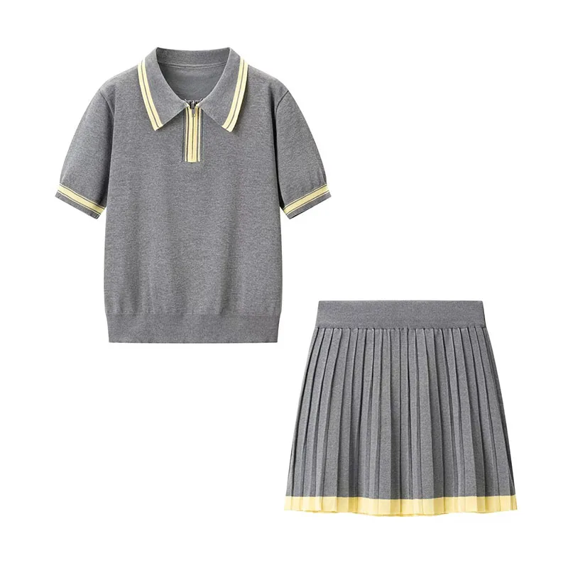 Color-Block Knitted Polo Sweater and Pleated Mini Skirt Two-Piece Set
