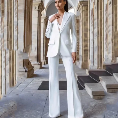 Subtle-Beaded Pleated V-Neck White Pantsuit Set