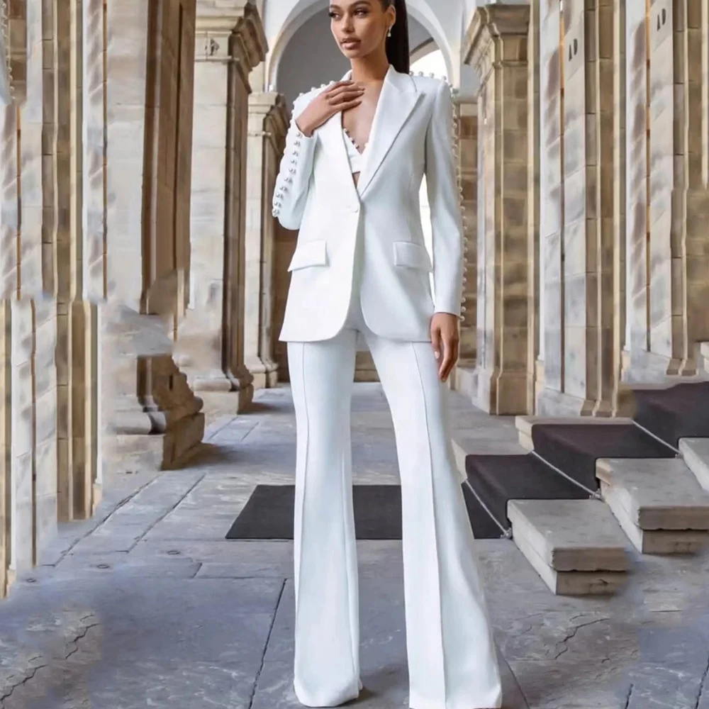 Subtle-Beaded Pleated V-Neck White Pantsuit Set