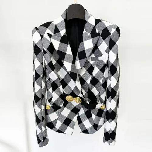 Metal-Buckle Plaid Blazer – Monochrome