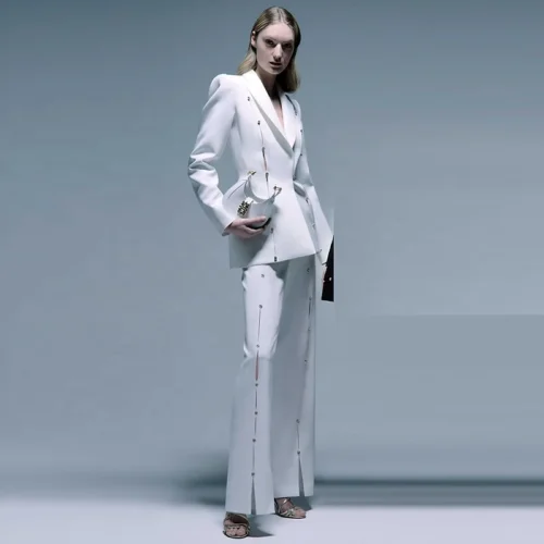 Spliced Vintage-Seam V-Neck White suit Set