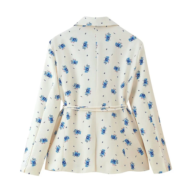 Women’s Floral Belted Blazer – Ivory & Blue - Image 3
