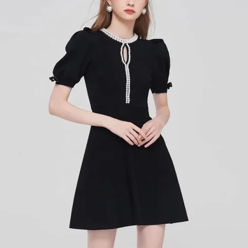 Elegant Pearl Beaded Keyhole Puff Sleeve Mini Dress