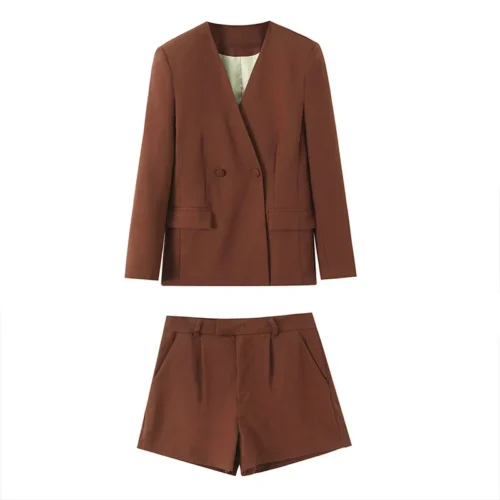 Double-Breasted V-Neck Blazer Jacket and Casual Shorts Two-Piece Set