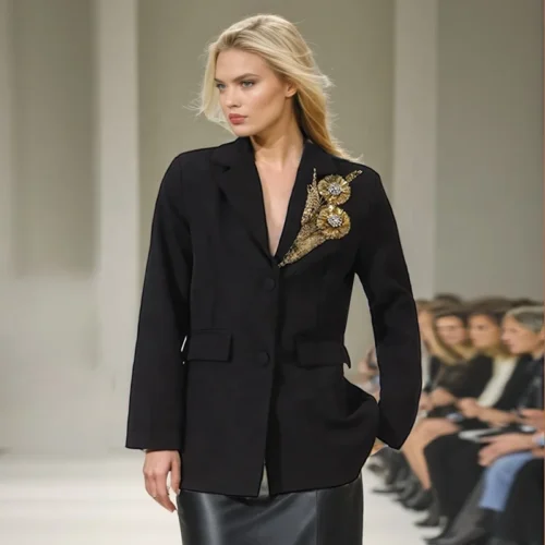 Gold Floral Embellished Single-Breasted Blazer