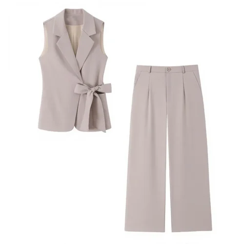 Notched-Collar Lace-Up Vest and High-Waișt Casual Trousers Two-Piece Set