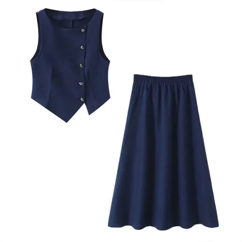Asymmetrical Button Vest and Skirt Two-Piece Set