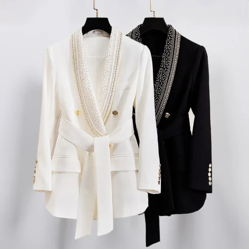 Gold Beaded Lapel Double-Breasted Formal Blazer