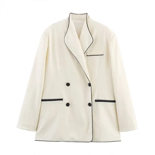 Contrast Trim Double-Breasted Blazer Jacket